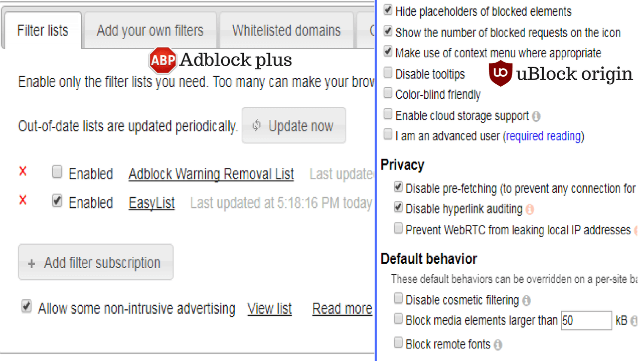 adblock warning removal list vs easylist